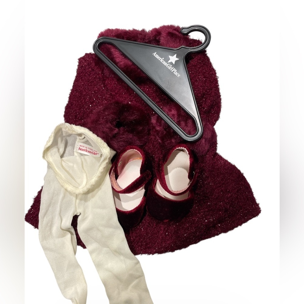 American Girl Burgundy Velvet Holiday Dress Outfit Shoes Tights AG Tagged - Picture 7 of 13
